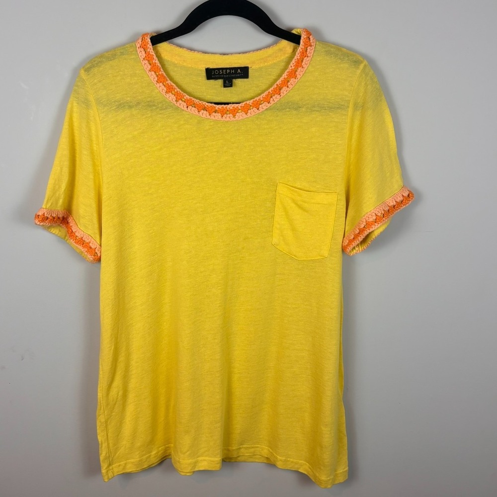 Jospeh A. Womens Yellow Linen Blend Crochet Detail Short‎ Sleeve Tee LG colorful